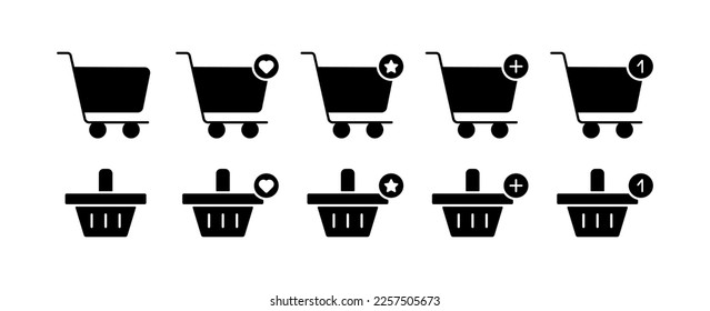 Shopping cart set icon. Check mark, cross, plus, minus, add, delete, percentage, discount, product search, time, download, etc. Order concept. Vector line icon on white background