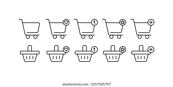 Shopping cart set icon. Cross, payment, order, discount, coupon, product, favorite, cart, star, shield, search. Purchase concept. Vector line icon on white background