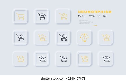 Shopping cart set icon. Online store, shop, magnifier, star, checkmark, minus, plus, cross, shield, percent, dollar, arrow. Sale concept. Neomorphism. Vector line icon for Business and Advertising.