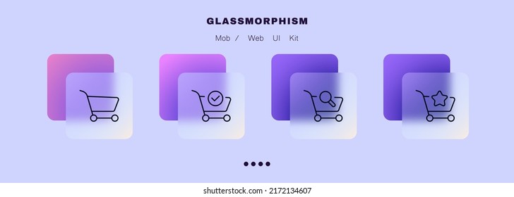 Shopping cart set icon. Order, payment, tick. checkmark, search, favourite goods, magnifier, transaction. Online store concept. Glassmorphism style. Vector line icon for Business and Advertising