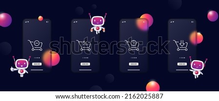 Shopping cart set icon. Plus and remove goods from cart, discount, coupon, purchase, order. Online store concept. Glassmorphism. UI phone app screen. Vector line icon for Business and Advertising