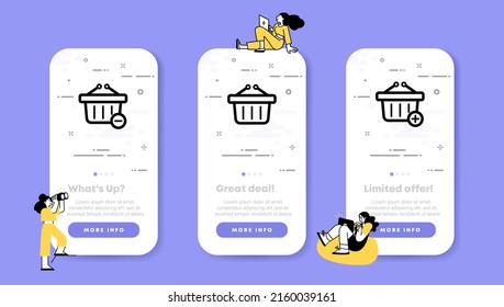 Shopping cart set icon. Purchase, buy, carry, seller, customer, helper, store, add, remove, convenient. Sale concept. UI phone app screens with people. Vector line icon for Business and Advertising.