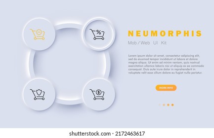Icono de juego de carrito de compras. Eliminar artículo del carrito de la compra, descuento, signo de porcentaje, protección, envío seguro. Concepto de pedido. Estilo neomorfista. Icono de línea de vector para negocios y publicidad