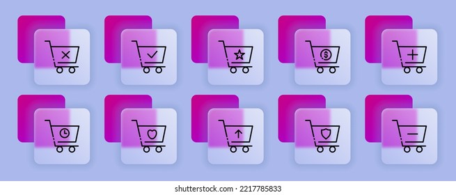 Shopping cart set icon. Search for goods, add to the order, discount, plus, minus, load, dollar, shield, favorite, star, purchase. Buy concept. Glassmorphism style. Vector line icon for Business