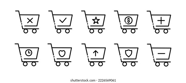 Shopping cart set icon. Search for goods, add to the order, discount, plus, minus, load, dollar, shield, favorite, star, purchase. Buy concept. Vector black set icon on a white background