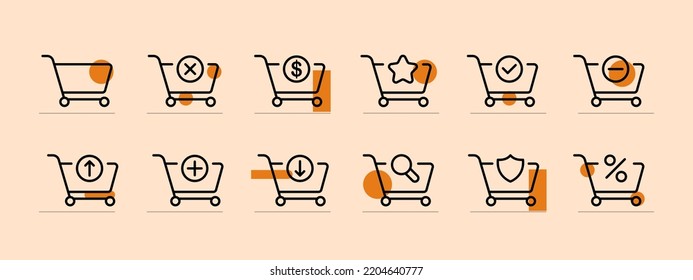 Shopping cart set icon. Success, add product to cart, delete, discount, cashback, favorites, payment, search. Purchase concept. Pastel color background. Vector line icon