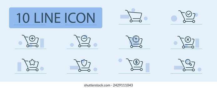 Shopping cart set line icon. Shopping, transportation, discounts, shop, supermarket, food, membership card. Pastel color background. Vector line icon for business and advertising