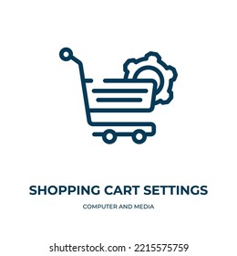 Icono de configuración de carrito de compras. Ilustración vectorial lineal de la colección de equipos y medios. Esquema del vector de configuración del carrito de compras. Símbolo de línea delgada para uso en aplicaciones web y móviles, logotipo, impresión 