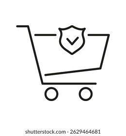 Shopping Cart With Shield And Checkmark Line Icon. Secure Online Shopping And E-Commerce Protection Outline Symbol. Safe Transaction Assurance. Editable Stroke. Isolated Vector Illustration.
