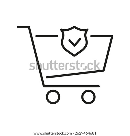 Shopping Cart With Shield And Checkmark Line Icon. Secure Online Shopping And E-Commerce Protection Outline Symbol. Safe Transaction Assurance. Editable Stroke. Isolated Vector Illustration.