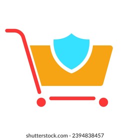Carro de compras con escudo. Compra segura en línea, compra, compra, pedido, seguridad del sistema de pago, tienda, tienda, protección de datos personales, privacidad, tarjeta bancaria. Icono colorido sobre fondo blanco