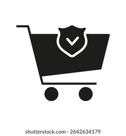 Shopping Cart With Shield Solid Icon. Secure Online Shopping And E-Commerce Protection Silhouette Symbol. Trustworthy Retail Transactions. Isolated Vector Illustration.