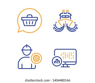 Shopping cart, Ship and Engineer icons simple set. Report statistics sign. Dreaming of gift, Shipping watercraft, Worker with cogwheel. Graph chart. Business set. Linear shopping cart icon. Vector