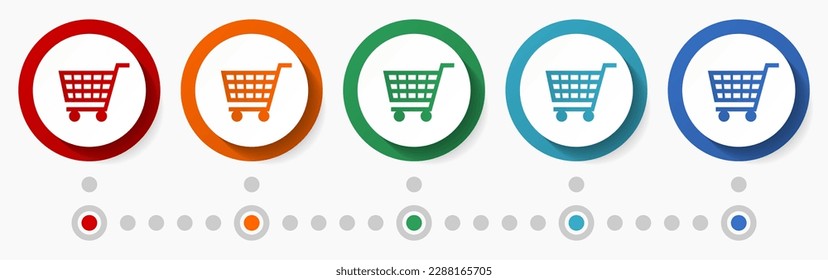 Shopping cart, shop, sale concept vector icon set, flat design colorful buttons, infographic template in 5 color options