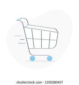 Shopping cart, shop trolley or basket in the supermarket. Online shopping, sales concept. Flat outline vector illustration on white.