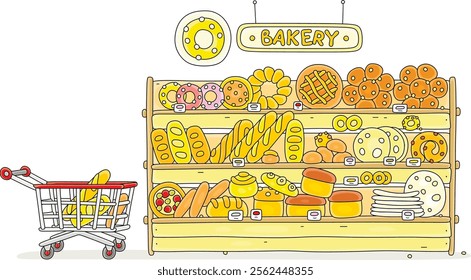 Shopping cart and a shopboard in a bakery full of long loafs, breads, rolls, buns, pies, pasties and cakes in a shop, vector cartoon illustration on white