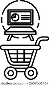 A shopping cart is shown with a computer monitor and a table in the background. Concept of shopping and technology