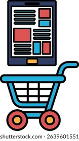 A shopping cart is shown next to a tablet. The tablet is displaying a shopping list. Concept of shopping and organization
