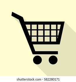 Shopping cart sign. Black icon with flat style shadow path on cream background.