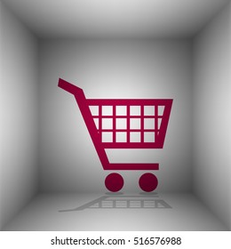 Shopping cart sign. Bordo icon with shadow in the room.