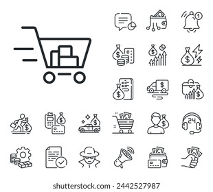 Shopping cart sign. Cash money, loan and mortgage outline icons. Delivery Service line icon. Express Online buying. Supermarket basket symbol. Shopping cart line sign. Vector