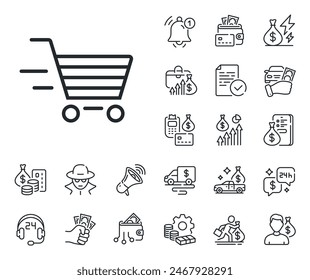 Shopping cart sign. Cash money, loan and mortgage outline icons. Delivery Service line icon. Express Online buying. Supermarket basket symbol. Delivery shopping line sign. Vector