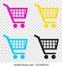 Shopping cart sign. CMYK icons on transparent background. Cyan, magenta, yellow, key, black.