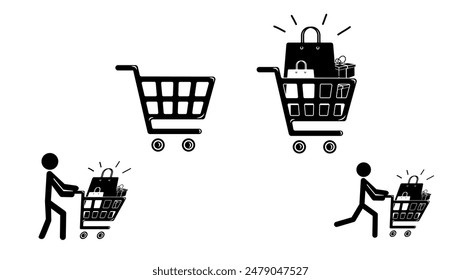 Shopping cart sign, customer with shopping cart, black isolated silhouette