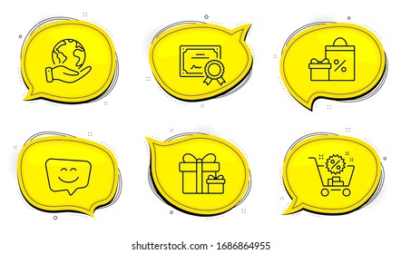 Shopping cart sign. Diploma certificate, save planet chat bubbles. Shopping, Smile face and Surprise package line icons set. Gifts and sales, Chat, Present boxes. Discount. Holidays set. Vector