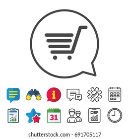 Shopping Cart sign icon. Online buying button. Information, Report and Calendar signs. Group, Service and Chat line icons. Vector