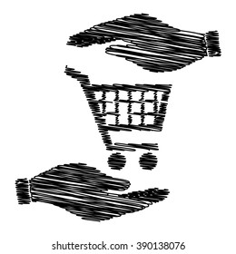 Shopping cart sign. Save or protect symbol by hands with scribble effect.