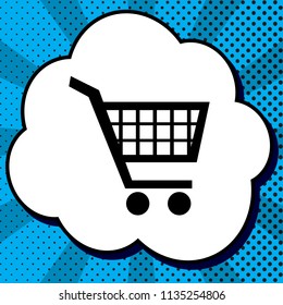 Shopping cart sign. Vector. Black icon in bubble on blue pop-art background with rays.