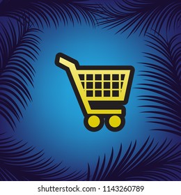 Shopping cart sign. Vector. Golden icon with black contour at blue background with branches of palm trees.
