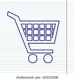 Shopping cart sign. Vector. Navy line icon on notebook paper as background with red line for field.