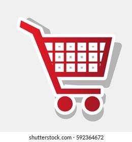 Shopping cart sign. Vector. New year reddish icon with outside stroke and gray shadow on light gray background.