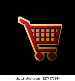 Shopping cart sign. Vector. Red icon with small black and limitless shadows at golden sticker on black background.