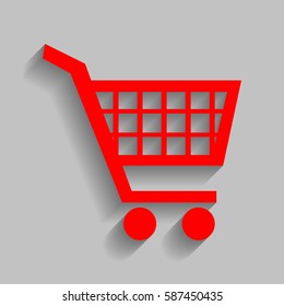 Shopping cart sign. Vector. Red icon with soft shadow on gray background.