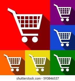 Shopping cart sign. Vector. Set of icons with flat shadows at red, orange, yellow, green, blue and violet background.