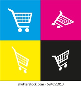 Shopping cart sign. Vector. White icon with isometric projections on cyan, magenta, yellow and black backgrounds.