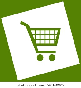 Shopping cart sign. Vector. White icon obtained as a result of subtraction rotated square and path. Avocado background.