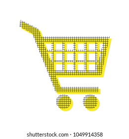 Shopping cart sign. Vector. Yellow icon with square pattern duplicate at white background. Isolated.