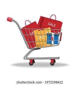 Shopping cart silver steel  with bags paper isolated on white background. Gift box , Fashion sale , Special discount .  Vector illustration.