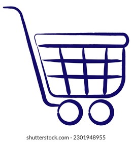 Shopping cart. Simple contour vector icon of the E-commerce, supermarket, retail, etc., hand drawn with a blue brush. Minimal monochrome linear pictogram isolated on transparent background