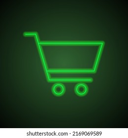 Shopping cart simple icon vector. Flat design. Green neon on black background with green light.ai