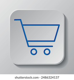 Shopping cart simple icon vector. Flat design. Paper cut design. Cutted blue symbol with shadow. Gray badge button, gray background.ai