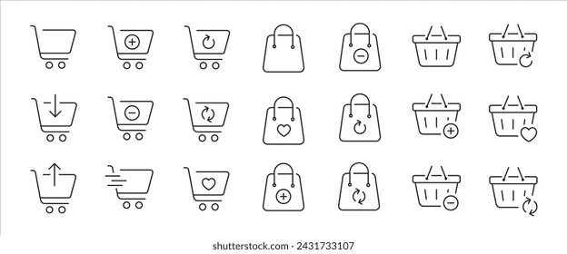 Shopping cart simple minimal thin line icons. Related basket, bag, cart. Vector illustration.