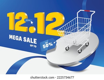 El carrito de compras se sienta en un podio blanco redondo y todo descansa sobre una cinta azul en el lado hay un texto de promoción mega venta 12.12, 50% de descuento, promoción en el duodécimo día del duodécimo mes