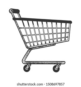 Shopping cart sketch engraving vector illustration. Tee shirt apparel print design. Scratch board style imitation. Black and white hand drawn image.