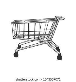 Shopping cart sketch engraving vector illustration. T-shirt apparel print design. Scratch board style imitation. Black and white hand drawn image.