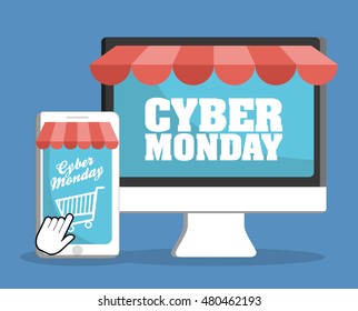 Shopping cart smartphone and computer icon. Cyber Monday ecommerce and market theme. Colorful design. Vector illustration
